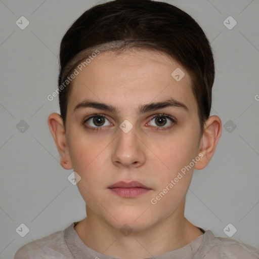 Neutral white young-adult female with short  brown hair and brown eyes