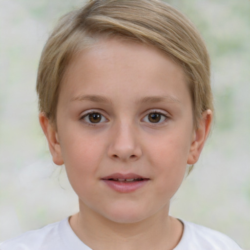 Joyful white child female with short  brown hair and brown eyes