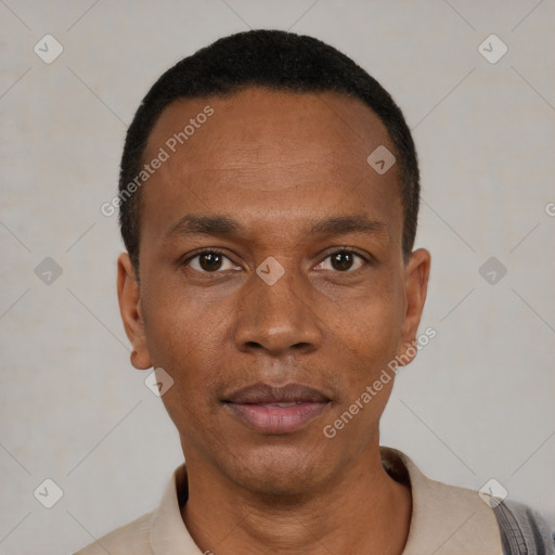 Neutral black young-adult male with short  black hair and brown eyes