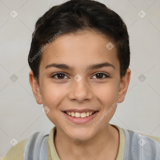 Joyful white child female with short  brown hair and brown eyes