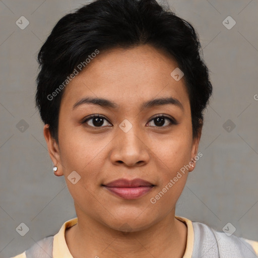 Joyful asian young-adult female with short  brown hair and brown eyes