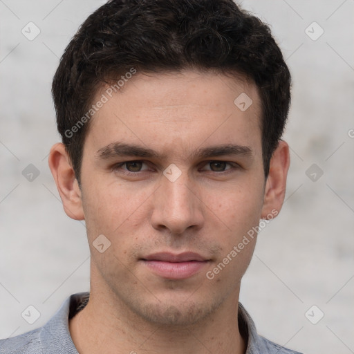 Neutral white young-adult male with short  brown hair and grey eyes