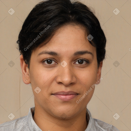 Joyful latino young-adult female with short  brown hair and brown eyes