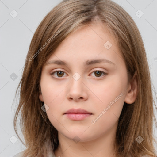 Neutral white young-adult female with long  brown hair and brown eyes