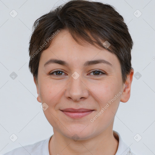 Joyful white young-adult female with short  brown hair and brown eyes