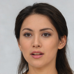 Neutral asian young-adult female with long  brown hair and brown eyes