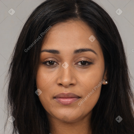 Joyful asian young-adult female with long  black hair and brown eyes