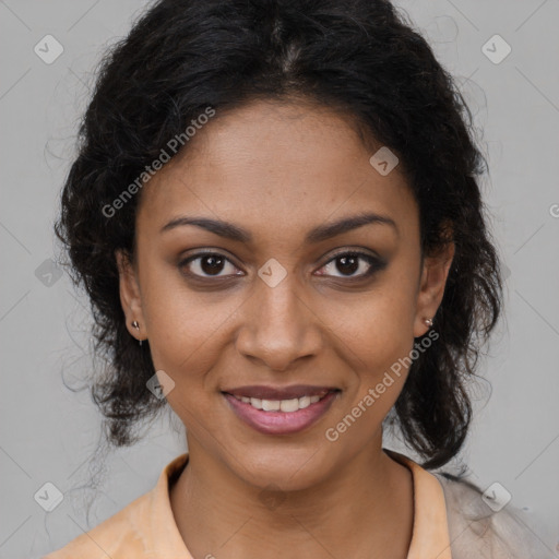 Joyful black young-adult female with medium  brown hair and brown eyes