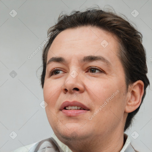 Joyful white adult female with short  brown hair and brown eyes