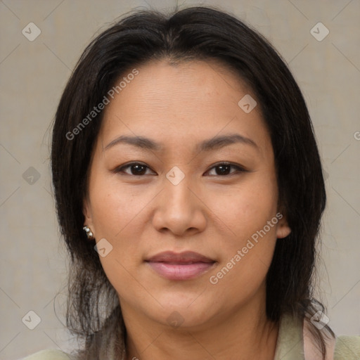 Joyful asian young-adult female with medium  brown hair and brown eyes