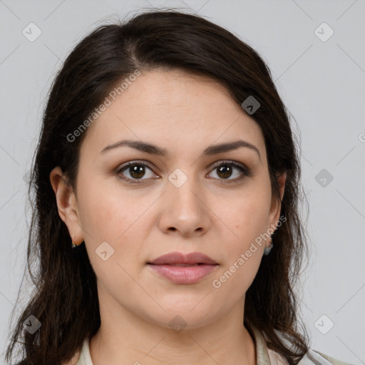 Neutral white young-adult female with medium  brown hair and brown eyes