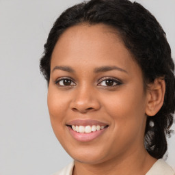 Joyful latino young-adult female with medium  brown hair and brown eyes