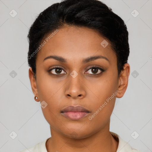 Neutral asian young-adult female with short  black hair and brown eyes