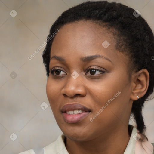 Joyful black young-adult female with medium  black hair and brown eyes