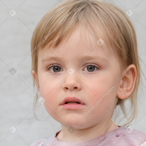 Neutral white child female with medium  brown hair and blue eyes