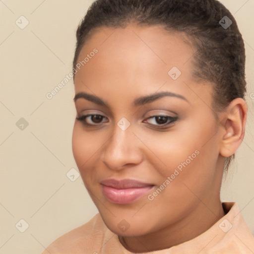 Joyful latino young-adult female with short  brown hair and brown eyes