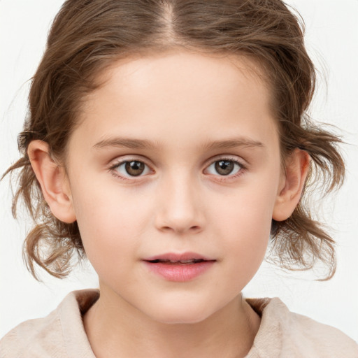 Neutral white child female with medium  brown hair and grey eyes