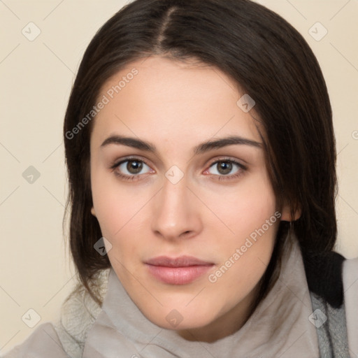 Neutral white young-adult female with medium  brown hair and brown eyes