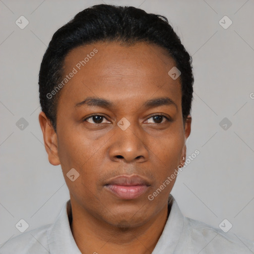 Neutral black young-adult male with short  black hair and brown eyes