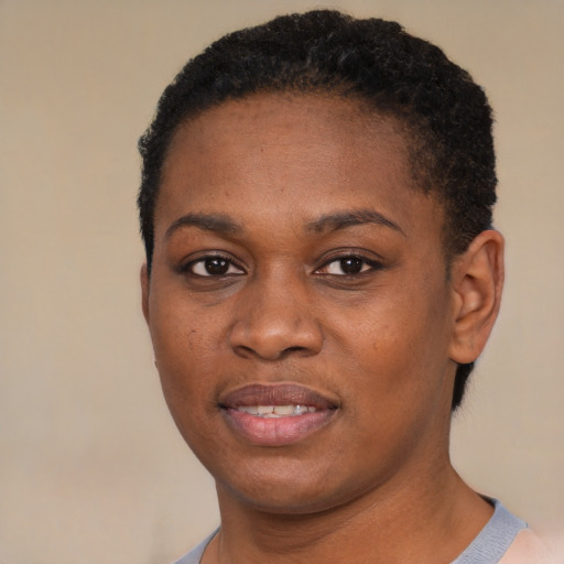 Joyful black young-adult female with short  black hair and brown eyes