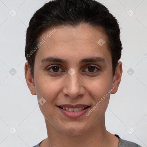 Joyful white young-adult female with short  brown hair and brown eyes