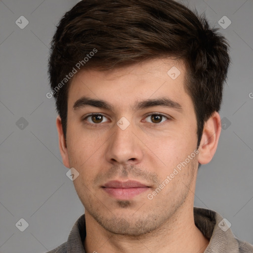 Neutral white young-adult male with short  brown hair and brown eyes