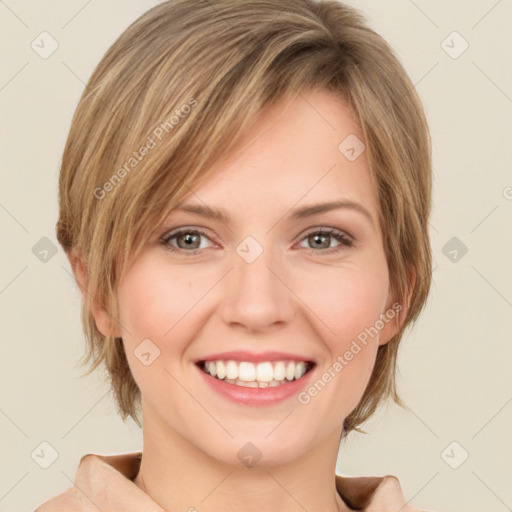 Joyful white young-adult female with medium  brown hair and green eyes