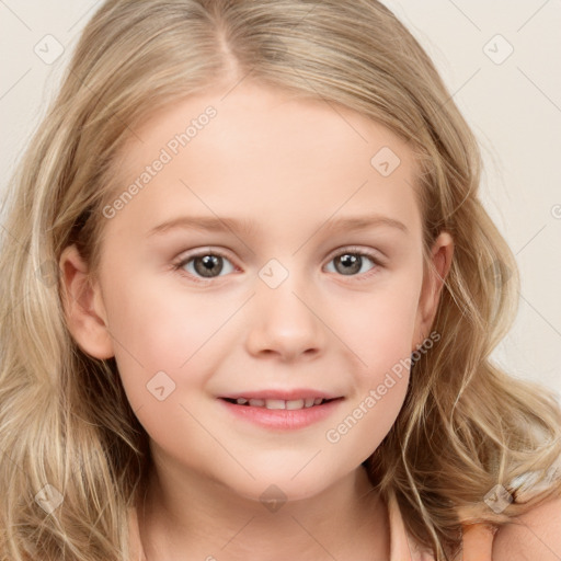 Joyful white child female with long  brown hair and grey eyes