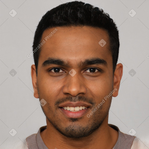 Joyful latino young-adult male with short  black hair and brown eyes