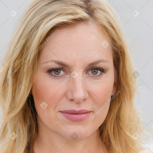 Joyful white young-adult female with long  brown hair and blue eyes