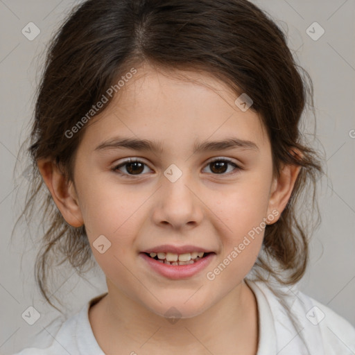 Joyful white child female with medium  brown hair and brown eyes