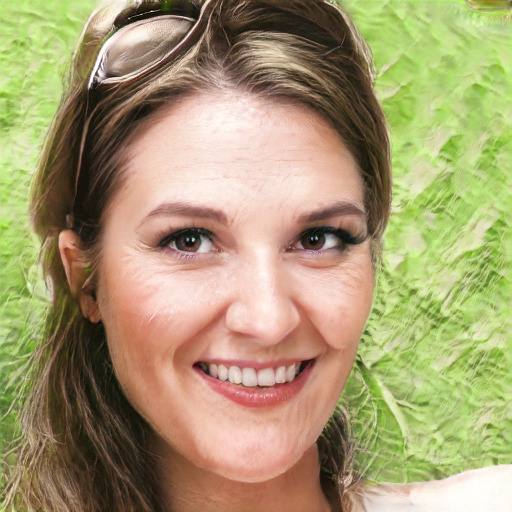 Joyful white young-adult female with long  brown hair and green eyes