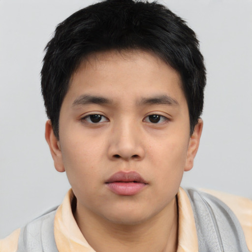 Neutral asian young-adult male with short  black hair and brown eyes