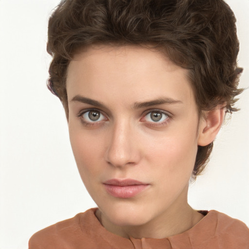 Neutral white young-adult female with short  brown hair and brown eyes