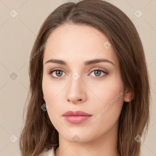 Neutral white young-adult female with long  brown hair and brown eyes