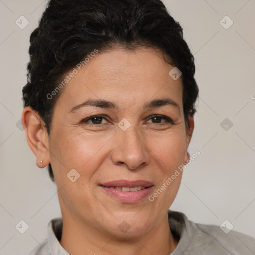 Joyful white adult female with short  brown hair and brown eyes