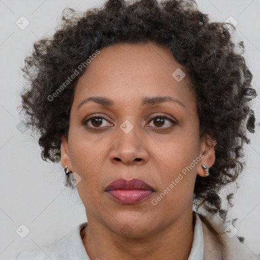 Joyful black adult female with short  brown hair and brown eyes