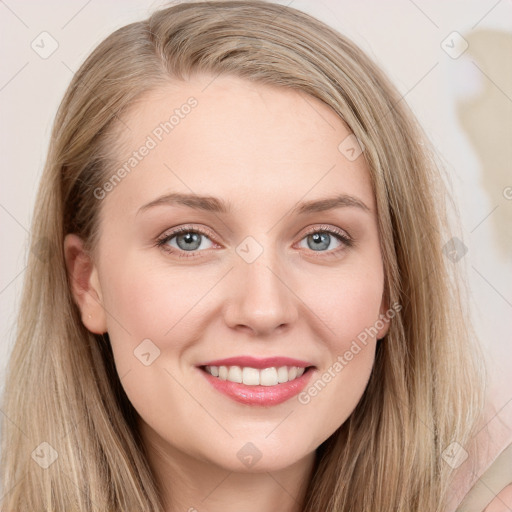 Joyful white young-adult female with long  brown hair and blue eyes