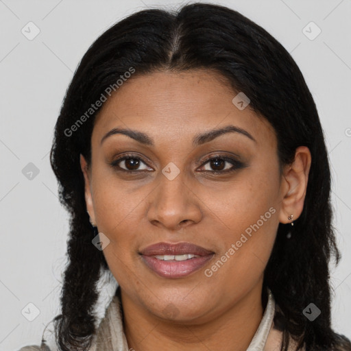 Joyful latino young-adult female with long  brown hair and brown eyes