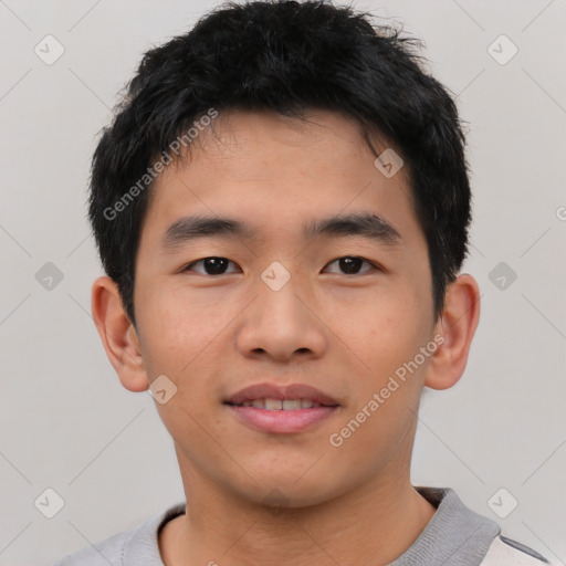 Neutral asian young-adult male with short  black hair and brown eyes