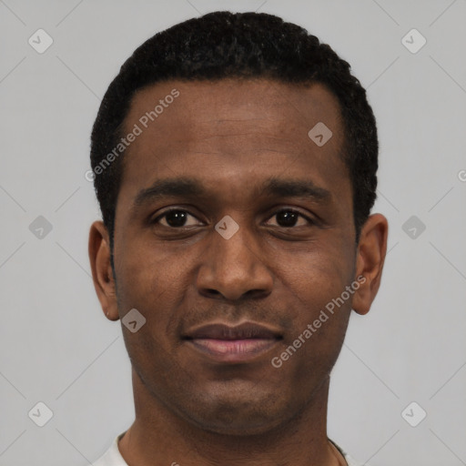 Neutral black young-adult male with short  black hair and brown eyes