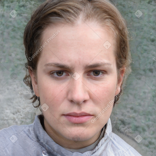 Neutral white adult female with short  brown hair and blue eyes