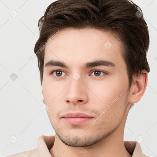 Neutral white young-adult male with short  brown hair and brown eyes