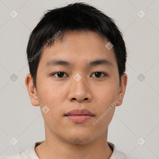 Neutral asian young-adult male with short  brown hair and brown eyes