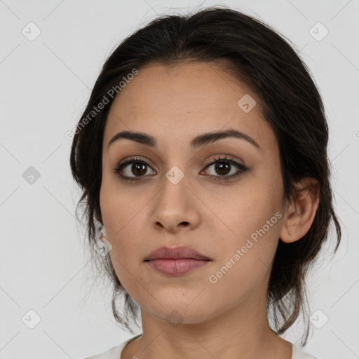 Neutral white young-adult female with medium  brown hair and brown eyes