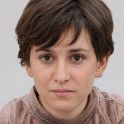 Neutral white young-adult female with short  brown hair and brown eyes