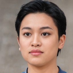 Neutral asian young-adult female with short  black hair and brown eyes