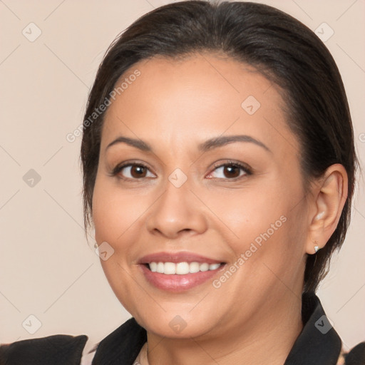 Joyful white young-adult female with medium  brown hair and brown eyes