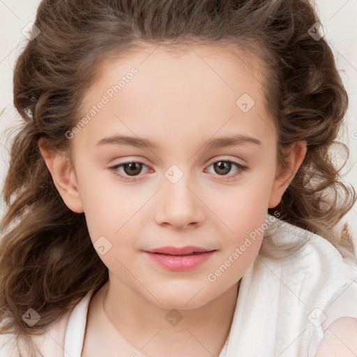 Joyful white child female with long  brown hair and brown eyes