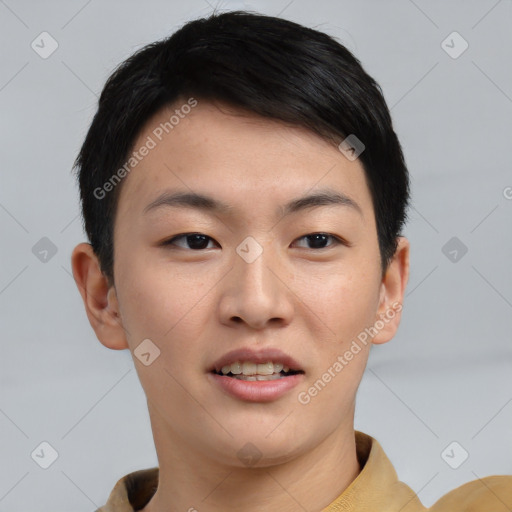 Joyful asian young-adult male with short  black hair and brown eyes